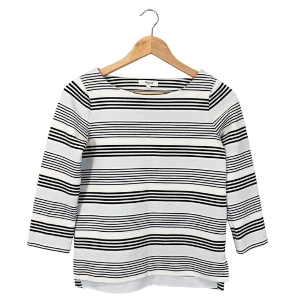 Madewell Striped Knit Top Black White Gray 3/4 Sleeve, Size XS
